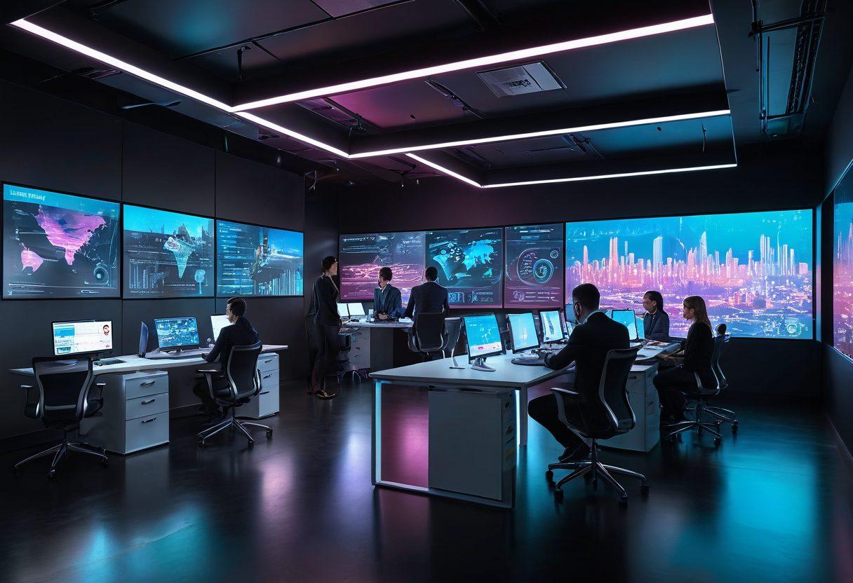 A futuristic insurance agency office with diverse professionals collaborating on a digital interface showcasing various insurtech tools. Include holograms of data analysis and analytics charts, surrounded by sleek technologies like tablets and AR glasses. The atmosphere is dynamic, bright, and innovative, reflecting a modern work environment. vibrant colors. cyberpunk.