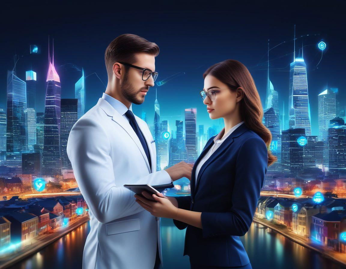 A futuristic representation of an insurance agent using a sleek digital tablet, analyzing data while surrounded by visual icons of coverage like houses, cars, and health symbols flowing around. In the background, a city skyline embodies innovation and efficiency with tech elements integrated. Bright colors and gentle light illuminate the scene, emphasizing connectivity and advancement in technology. super-realistic. vibrant colors. 3D.