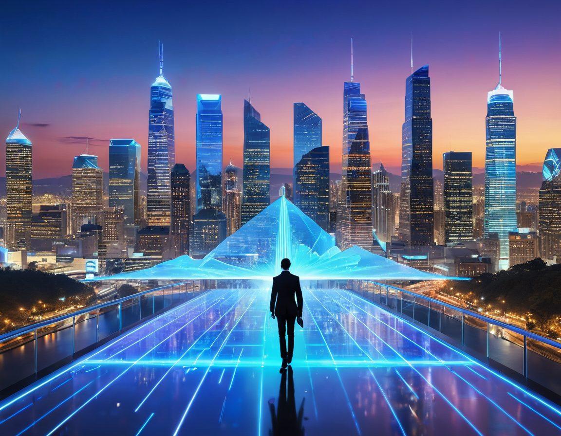 A futuristic digital landscape featuring various high-tech insurance tools like mobile apps and AI interfaces, seamlessly interacting with individuals of diverse backgrounds. Integrate elements representing security, innovation, and connectivity, such as glowing data streams and holographic displays. The background should depict a city skyline with modern architecture and a clear blue sky. super-realistic. vibrant colors. 3D.